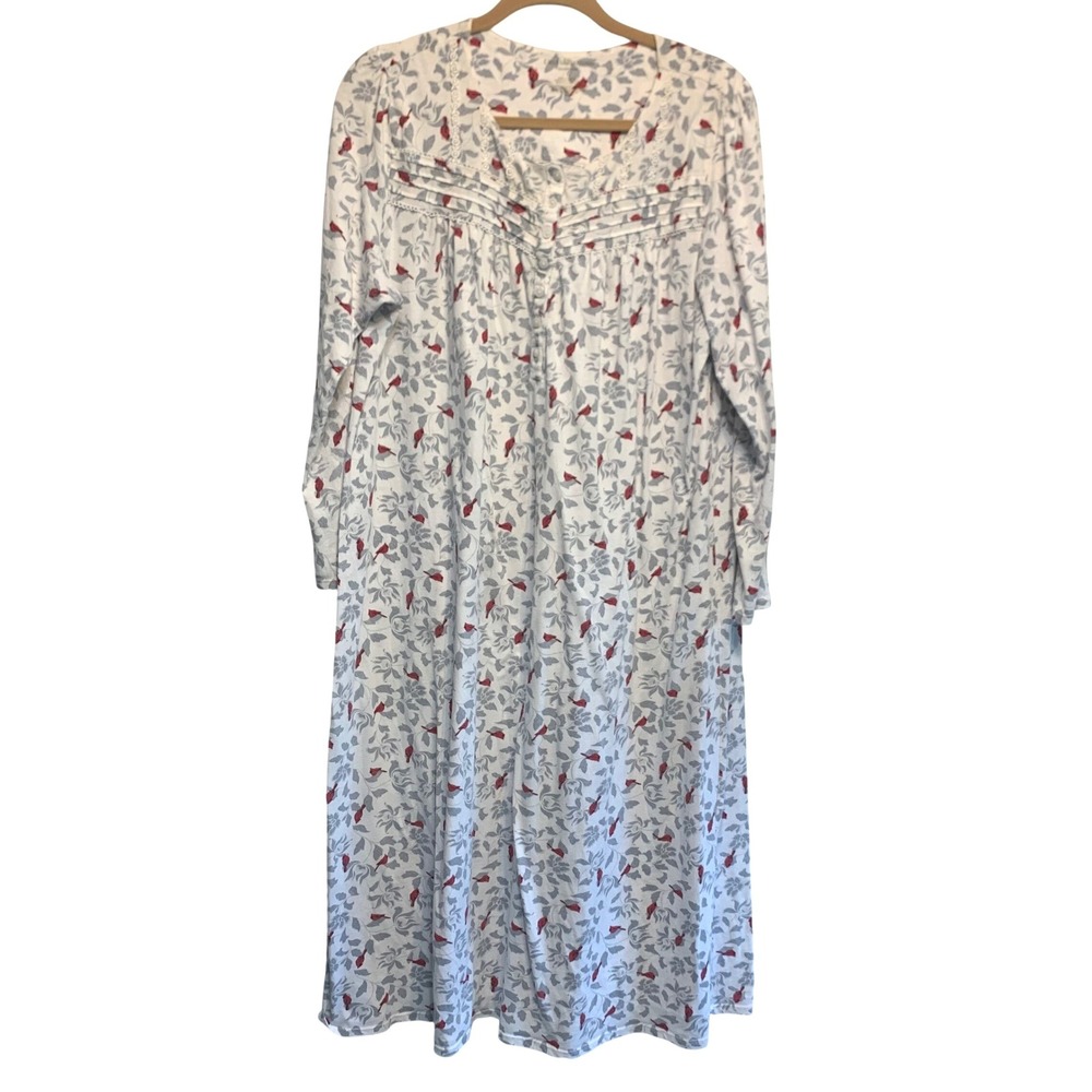 Croft & Barrow Intimates Nightgown Large Cardinal Print Lace Trim Long Sleeve